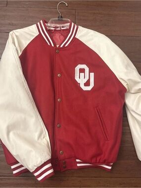 Vintage Steve & Barry's Red and Cream Varsity Bomber Jacket Oklahoma Sooners M